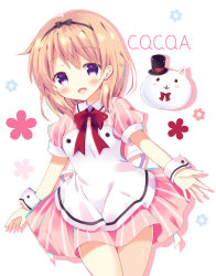 Rule 34 | 1girl, :d, angora rabbit, animal, apron, bitter crown, black bow, black hairband, black hat, blush, bow, character name, collared dress, commentary request, dress, gochuumon wa usagi desu ka?, hair bow, hairband, hat, hoto cocoa, light brown hair, long hair, mini hat, mini top hat, open mouth, pink dress, pleated dress, purple eyes, rabbit, red bow, smile, striped clothes, striped dress, tippy (gochiusa), top hat, vertical-striped clothes, vertical-striped dress, white apron, white background, wrist cuffs