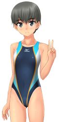Rule 34 | 1girl, androgynous, black eyes, black hair, blue one-piece swimsuit, collarbone, commentary request, competition swimsuit, cowboy shot, flat chest, gluteal fold, highres, looking at viewer, mizuno (brand), one-piece swimsuit, original, short hair, simple background, solo, split mouth, swimsuit, takafumi, v, white background