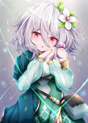 Rule 34 | 1girl, :o, absurdres, ahoge, antenna hair, bare shoulders, blush, breasts, detached sleeves, dress, elf, flower, hair between eyes, hair flower, hair ornament, hands up, highres, kokkoro (princess connect!), long sleeves, looking at viewer, own hands together, parted lips, pointy ears, princess connect!, red eyes, short hair, silver hair, small breasts, solo, takemura kou, white flower
