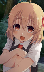 Rule 34 | 1girl, :d, ahoge, ascot, blonde hair, brown eyes, collared shirt, fang, hair ribbon, highres, looking at viewer, naname ushiro, open mouth, outdoors, red ascot, red ribbon, ribbon, rumia, shirt, short hair, short sleeves, sitting, smile, solo, touhou, upper body, white legwear, white shirt
