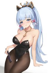 Rule 34 | 1girl, absurdres, alternate costume, arm support, ayaka (genshin impact), bare shoulders, black leotard, black pantyhose, blue eyes, blue hair, blunt bangs, blush, breasts, cleavage, closed mouth, collarbone, covered navel, folding fan, genshin impact, gold, hair ornament, hair ribbon, hair tie, hand fan, highres, holding, holding fan, jag ging, jewelry, large breasts, leaning to the side, leotard, light blue hair, long hair, looking at viewer, mole, mole under eye, neck ring, pantyhose, ponytail, ribbon, sidelocks, smile, solo, tassel, thigh gap, tress ribbon