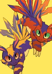 Rule 34 | black hair, claws, colored sclera, digimon, elecmon, elecmon (violet), fangs, green sclera, highres, multiple tails, orange sclera, simple background, tail, yellow background