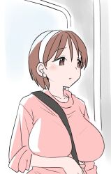 Rule 34 | 1girl, alternate costume, between breasts, breasts, brown eyes, brown hair, hairband, kantai collection, large breasts, natori (kancolle), pink sweater, short hair, solo, strap between breasts, sweater, tamu (mad works), upper body, window