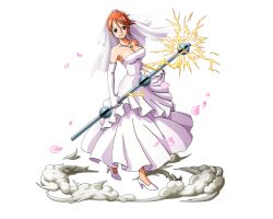 Rule 34 | 1girl, bodskih, breasts, bridal veil, brown eyes, cleavage, collarbone, dress, earrings, elbow gloves, full body, gloves, high heels, holding, holding staff, jewelry, large breasts, looking at viewer, nami (one piece), necklace, one piece, one piece treasure cruise, orange hair, shoes, short hair, sleeveless, sleeveless dress, smile, solo, staff, standing, strapless, strapless dress, transparent background, veil, wedding dress, white dress, white footwear, white gloves
