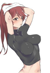 Rule 34 | 10s, 1girl, arms up, blush, breasts, covered erect nipples, hai to gensou no grimgar, helk, impossible clothes, impossible shirt, long hair, looking at viewer, medium breasts, navel, open mouth, red eyes, red hair, shirt, simple background, skin tight, solo, tight clothes, upper body, white background, yume (grimgar)
