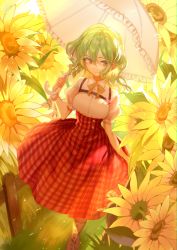 Rule 34 | 1girl, absurdres, ascot, breasts, collared shirt, day, flower, green hair, hair between eyes, highres, holding, holding umbrella, kanta (pixiv9296614), kazami yuuka, large breasts, long sleeves, looking at viewer, open clothes, open vest, parasol, petticoat, plaid, plaid skirt, puffy sleeves, red eyes, red skirt, shirt, short hair, skirt, skirt set, smile, solo, standing, sunflower, touhou, umbrella, vest, white shirt