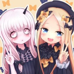 Rule 34 | 2girls, :d, abigail williams (fate), bags under eyes, black bow, black dress, black headwear, blonde hair, blue eyes, blush, bow, brown background, commentary request, dress, fate/grand order, fate (series), forehead, hair bow, hat, highres, horns, lavinia whateley (fate), long hair, long sleeves, multiple girls, open mouth, orange bow, parted bangs, parted lips, pink eyes, polka dot, polka dot bow, single horn, sleeves past wrists, smile, teeth, tokiha (ruinluin), upper body, upper teeth only, wide-eyed