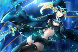 Rule 34 | 1girl, ahoge, artoria pendragon (fate), black gloves, black hat, black panties, black shorts, black thighhighs, blonde hair, blue cape, blue eyes, cape, crop top, elbow gloves, fate/grand order, fate (series), fingerless gloves, flat chest, floating hair, gloves, hair between eyes, hat, highleg, highleg panties, highres, holding, holding sword, holding weapon, long hair, looking at viewer, mady (madine08260), midriff, mysterious heroine x (fate), mysterious heroine x (third ascension) (fate), navel, night, outdoors, panties, parted lips, ponytail, short shorts, shorts, solo, stomach, sword, thighhighs, underwear, weapon, zettai ryouiki