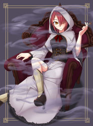 Rule 34 | 1 i ki raku, 1girl, boots, chair, cigarette, closed mouth, dress, hair over one eye, halloween, high heel boots, high heels, highres, hood, hood up, knee boots, crossed legs, looking at viewer, original, red eyes, red hair, short hair, sitting, smile, smoking, solo, two-tone footwear, white dress, witch