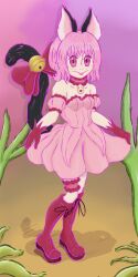 Rule 34 | absurdres, animal ears, bell, boots, breasts, cat ears, cat tail, dress, eepyrabbit, expressionless, full body, highres, jewelry, knee boots, magical girl, mew ichigo, pendant, pink dress, pink hair, red eyes, red footwear, ribbon, short hair, small breasts, tail, tokyo mew mew