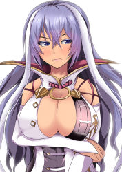 Rule 34 | &gt;:(, 1girl, bad id, bad pixiv id, bare shoulders, blue eyes, blush, breast hold, breasts, bridal gauntlets, cleavage, closed mouth, dress, frown, hair between eyes, isabelle (shadowverse), kanzaki kureha, large breasts, long hair, looking away, multicolored hair, purple hair, shadowverse, solo, two-tone hair, upper body, v-shaped eyebrows, white hair