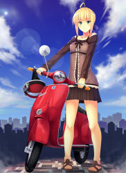 Rule 34 | 1girl, ahoge, artoria pendragon (all), artoria pendragon (fate), bare shoulders, blonde hair, blue sky, building, casual, cloud, day, fate/hollow ataraxia, fate/stay night, fate (series), green eyes, hair ribbon, helmet, highres, holding, kanata (kanata onion), lens flare, motor vehicle, official alternate costume, pigeon-toed, pleated skirt, ribbon, saber (fate), sandals, scooter, short hair, sidelocks, skirt, sky, smile, solo, vehicle, vespa