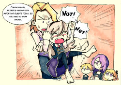 Rule 34 | 2boys, 3girls, aged down, barefoot, black bow, black hairband, black legwear, black pants, black vest, blonde hair, bow, brother and sister, brothers, camilla (fire emblem), closed eyes, closed mouth, collared shirt, commentary, corrin (female) (fire emblem), corrin (fire emblem), elise (fire emblem), english commentary, english text, family, fang, feet, fire emblem, fire emblem fates, fire emblem if, grey hair, hair between eyes, hair bow, hair over eyes, hairband, holding person, leo (fire emblem), long hair, long sleeves, looking at another, multiple boys, multiple girls, nintendo, no shoes, open mouth, pants, purple eyes, purple hair, purple skirt, purple vest, red background, setz, shirt, short hair, siblings, sisters, skirt, soles, struggling, sweat, tantrum, tears, toes, v-shaped eyebrows, vest, white shirt, white sleeves, xander (fire emblem)