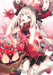 Rule 34 | 1girl, bare shoulders, black skirt, blue eyes, blueberry, breasts, dress, fate/grand order, fate (series), food, frilled hat, frills, fruit, gloves, hat, highres, large hat, long hair, looking at viewer, macaron, marie antoinette (fate), no-kan, open mouth, red dress, red gloves, red hat, silver hair, skirt, sleeveless, sleeveless dress, smile, sparkle, strawberry, thighhighs, thighs, twintails, very long hair, white thighhighs