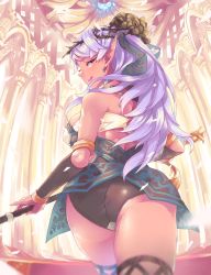 Rule 34 | 1girl, armband, armlet, ass, back, bare shoulders, breasts, ceda (dace), cowboy shot, dark-skinned female, dark elf, dark skin, earrings, elf, eyelashes, from behind, head wreath, holding, holding weapon, indoors, jewelry, large breasts, licking lips, long hair, looking at viewer, looking back, o-ring, o-ring top, original, petals, pillar, pointy ears, purple eyes, purple hair, purple lips, rug, solo, staff, thighhighs, thorns, tongue, tongue out, walking, weapon