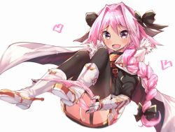 Rule 34 | 1boy, :d, astolfo (fate), blush, braid, cape, fang, fate/apocrypha, fate (series), hair intakes, hair ribbon, hato haru, long hair, looking at viewer, male focus, open mouth, panties, unworn panties, panty pull, pink hair, pink panties, purple eyes, ribbon, single braid, smile, solo, trap, underwear, undressing