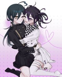 Rule 34 | 2girls, :d, ahoge, black hair, black socks, blush, brown eyes, buttons, checkered clothes, checkered ribbon, checkered scarf, danganronpa (series), danganronpa v3: killing harmony, double-breasted, genderswap, genderswap (mtf), gradient background, hair between eyes, hair ribbon, heart, heart ahoge, hug, jacket, long hair, multicolored hair, multiple girls, no shoes, oma kokichi, one eye closed, open mouth, pink background, pink eyes, pink hair, pleated skirt, ribbon, saihara shuichi, scarf, skirt, smile, socks, songpyeon (sssssong), striped clothes, striped jacket, striped skirt, teeth, thighhighs, twintails, two-tone hair, upper teeth only, white background, white skirt, white thighhighs, yuri