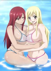 Rule 34 | 2girls, beach, bikini, blonde hair, blush, breasts, brown eyes, erza scarlet, fairy tail, highres, large breasts, long hair, looking at viewer, lucy heartfilia, multiple girls, neeba, nipples, open mouth, red hair, see-through, smile, swimsuit, uncensored