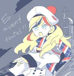 Rule 34 | 1girl, :o, anchor hair ornament, belt, beret, blonde hair, blue eyes, blue hair, buttons, commandant teste (kancolle), commentary, double-breasted, dress, french flag, french text, frown, hair ornament, hat, hiro (srso4 ), jacket, kantai collection, long hair, long sleeves, machinery, mast, multicolored clothes, multicolored hair, multicolored scarf, open mouth, plaid, plaid scarf, pom pom (clothes), red hair, rigging, round teeth, scarf, solo, streaked hair, swept bangs, teeth, translated, upper body, v-shaped eyebrows, wavy hair, white jacket