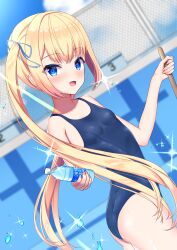 Rule 34 | 1girl, absurdres, ass, blonde hair, blue eyes, blue one-piece swimsuit, blurry, blurry background, bottle, brand name imitation, breasts, chain-link fence, commentary request, cowboy shot, dutch angle, empty pool, fence, highres, long hair, nanamiya yoshino, one-piece swimsuit, original, pocari sweat, pool, school swimsuit, small breasts, solo, swimsuit, twintails