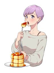 Rule 34 | 1girl, bare shoulders, blush, bra strap, cropped torso, eating, edomon-do, food, fork, grey sweater, hand up, highres, holding, holding fork, holding knife, knife, long sleeves, looking at viewer, mobumi (mona lisa no zaregoto), mona lisa no zaregoto, off shoulder, open mouth, pancake, pancake stack, plate, purple eyes, purple hair, short hair, simple background, solo, sweater, upper body, white background