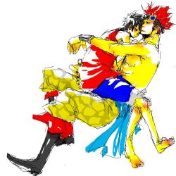 Rule 34 | 2boys, boots, eustass kid, goggles, male focus, monkey d. luffy, multiple boys, on lap, one piece, red hair, sitting, vest
