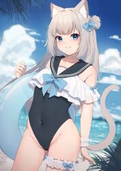 Rule 34 | 1girl, :3, absurdres, animal ears, black one-piece swimsuit, blue bow, blue eyes, blue nails, blue sky, blush, bow, bridal garter, cat ears, cat girl, cat tail, closed mouth, cloud, commentary request, covered navel, day, fingernails, grey hair, hair bow, highres, hinata (user rjkt4745), long hair, looking at viewer, nail polish, ocean, one-piece swimsuit, original, outdoors, scrunchie, sky, smile, solo, swimsuit, tail, white sky, wrist scrunchie