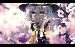 Rule 34 | 1girl, :d, bad id, bad pixiv id, black hat, blouse, blurry, blurry background, bright pupils, cherry blossoms, commentary request, dappled sunlight, dise (psychoro), eyeball, flower, green eyes, hair between eyes, hand in own hair, hat, highres, komeiji koishi, letterboxed, light green hair, medium hair, open mouth, pink flower, shirt, smile, solo, sunlight, third eye, touhou, upper body, yellow shirt