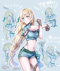 Rule 34 | 1girl, arm up, blonde hair, brown gloves, closed mouth, closed eyes, fire emblem, fire emblem: three houses, fire emblem heroes, fish, flower, gloves, green eyes, hair flower, hair ornament, holding, ingrid brandl galatea, long hair, midriff, multiple views, nintendo, open mouth, simple background, smile, swimsuit, t misaomaru