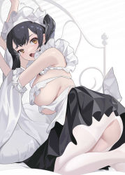 Rule 34 | 1girl, absurdres, apron, arms up, ass, bare shoulders, black hair, black skirt, breasts, detached sleeves, frills, highres, large breasts, linnnp, long hair, looking at viewer, looking back, maid, maid apron, maid headdress, no bra, open mouth, orange eyes, original, pantyhose, pleated skirt, single leg pantyhose, skindentation, skirt, sleeveless, solo, twintails, underboob, white pantyhose