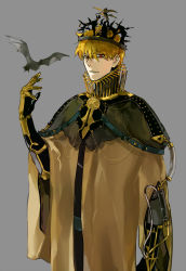Rule 34 | 1boy, arm up, bat (animal), bat wings, blonde hair, collar, crimo, crown, fate/stay night, fate (series), gilgamesh (fate), gold trim, grey background, looking at viewer, male focus, red eyes, robe, simple background, solo, upper body, wings