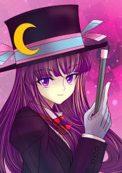 Rule 34 | 1girl, female focus, formal, gloves, hat, highres, magician, pant suit, pants, patchouli knowledge, purple eyes, purple hair, purple theme, rsk, smile, solo, suit, top hat, touhou, wand