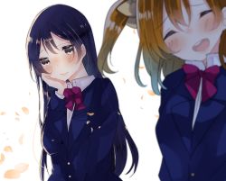 Rule 34 | 2girls, absurdres, bjcrk453, blue hair, blush, bow, bowtie, commentary request, hair between eyes, hand on own cheek, hand on own face, highres, kosaka honoka, long sleeves, love live!, love live! school idol project, multiple girls, one-hour drawing challenge, one side up, open mouth, orange hair, otonokizaka school uniform, school uniform, simple background, smile, sonoda umi, striped bow, striped bowtie, striped clothes, striped neckwear, upper body, yellow eyes