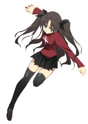 Rule 34 | 00s, 1girl, black hair, black thighhighs, fate/stay night, fate (series), green eyes, kobayashi chisato, legs, long hair, long legs, miniskirt, pleated skirt, simple background, skirt, solo, thighhighs, thighs, tohsaka rin, twintails, two side up, zettai ryouiki