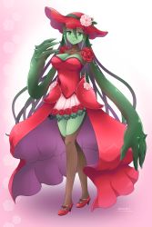 Rule 34 | 1girl, artist name, breasts, brown thighhighs, cleavage, closed mouth, covered navel, crossed legs, eyeshadow, fewer digits, flower, flower trim, full body, green eyes, green hair, hair between eyes, hand up, hat, hat flower, high heels, highres, large breasts, leaf, long hair, makeup, miniskirt, monster girl, original, overskirt, pink eyeshadow, pink flower, pink lips, pink skirt, plant girl, red flower, red footwear, red hat, red pupils, red rose, ribbed legwear, rose, shoes, skirt, smile, solo, standing, strapless, sun hat, thighhighs, thorns, togeshiro azami, very long hair, watson cross