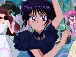 Rule 34 | 1990s (style), 3girls, :d, addams family, animification, arm up, black hair, blue dress, blue eyes, brenni murasaki, brown hair, closed mouth, dancing, dress, enid sinclair, expressionless, hand up, interlocked fingers, long hair, looking at viewer, multicolored hair, multiple girls, open mouth, own hands together, party, pink hair, pink shirt, purple hair, retro artstyle, shirt, smile, unamused, wednesday (netflix), wednesday addams, white dress