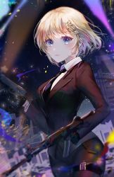 Rule 34 | 1girl, assault rifle, belt, beretta 92, black gloves, black jacket, black necktie, blonde hair, blue eyes, breasts, closed mouth, collared shirt, cowboy shot, daewoo k2, dual wielding, earrings, expressionless, gloves, gun, hair ornament, handgun, holding, holding gun, holding weapon, hololive, hololive english, jacket, jewelry, large breasts, long sleeves, looking at viewer, looking to the side, necktie, night, night sky, pantyhose, rifle, shirt, short hair, sky, solo, sowon, thigh belt, thigh strap, virtual youtuber, watson amelia, weapon, white shirt, x hair ornament