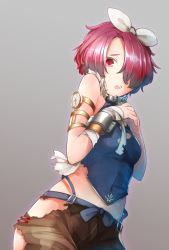 Rule 34 | 1girl, :o, bandaged arm, belt, bow, breasts, chain, clock, collar, comah, covered navel, cowboy shot, cuffs, from below, grey background, hair bow, hair over one eye, looking at viewer, looking down, midriff, open mouth, pants, purple eyes, red eyes, red hair, seiken manifestia, short hair, sleeveless, small breasts, solo, suspenders, torn clothes, torn pants, white bow