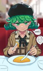 Rule 34 | 1girl, beret, black hat, black ribbon, brown jacket, collarbone, commentary, curly hair, eating, english commentary, english text, food, food on face, fork, green eyes, green hair, hat, holding, holding fork, holding knife, indoors, jacket, knife, neck ribbon, one-punch man, open clothes, open jacket, plate, ribbon, saitama (one-punch man), short hair, slammo, solo, speech bubble, table, tatsumaki