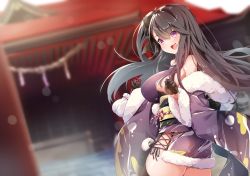 Rule 34 | 1girl, absurdres, ass, azur lane, black bow, black gloves, black thighhighs, bow, breasts, commentary request, fang, fur-trimmed kimono, fur trim, gloves, grey hair, hair bow, half gloves, happy new year, highres, japanese clothes, kimono, kinchaku, large breasts, leer.meer, long sleeves, new year, off shoulder, one side up, open mouth, pamiat merkuria (azur lane), pink eyes, pouch, short kimono, shrine, sideboob, sidelocks, skin fang, smile, solo, thighhighs, wide sleeves