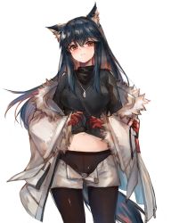 Rule 34 | 1girl, animal ears, arknights, black pantyhose, black shirt, blue hair, blush, clothes lift, coat, colored inner hair, cowboy shot, dark blue hair, dog tags, fur-trimmed jacket, fur trim, gloves, highres, jacket, pantyhose under shorts, looking at viewer, midriff, multicolored hair, navel, official alternate costume, open fly, orange eyes, pantyhose, red gloves, red hair, ryuuji teitoku, shirt, shirt lift, shorts, simple background, solo, sweatdrop, tail, texas (arknights), texas (winter messenger) (arknights), white background, white jacket, white shorts, winter clothes, winter coat, wolf ears, wolf girl, wolf tail