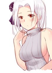 Rule 34 | 1girl, absurdres, backless outfit, bare shoulders, blush, breasts, brown eyes, closed mouth, ero mang-a, hair ornament, hand up, highres, long hair, looking at viewer, medium breasts, meme attire, ribbed sweater, sideboob, silver hair, sketch, solo, sweater, turtleneck, turtleneck sweater, upper body, virgin killer sweater, vittorio veneto (warship girls r), warship girls r