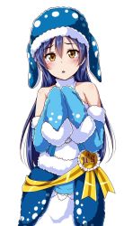 Rule 34 | animal hat, blue hair, fur-trimmed headwear, fur trim, hair between eyes, hat, highres, long hair, long sleeves, looking at viewer, love live!, love live! school idol festival, love live! school idol project, open mouth, simple background, solo, sonoda umi, white background, yellow eyes, yopparai oni