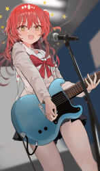 Rule 34 | 1girl, blush, bocchi the rock!, bow, guitar, hair between eyes, highres, holding, holding instrument, indoors, instrument, kita ikuyo, long hair, long sleeves, looking at viewer, microphone, music, one side up, open mouth, pjkka, pleated skirt, red bow, red hair, school uniform, skirt, smile, solo, standing, star (symbol), yellow eyes