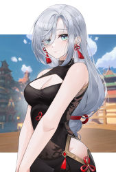 Rule 34 | 1girl, absurdres, bare arms, bare shoulders, blue eyes, bodysuit, breasts, cleavage, cleavage cutout, closed mouth, clothing cutout, earrings, expressionless, genshin impact, grey hair, highres, hip vent, jewelry, lebring, letterboxed, long hair, looking at viewer, medium breasts, outside border, shenhe (genshin impact), solo, tassel, upper body, v arms