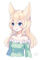 Rule 34 | 1girl, animal ears, artist name, bare shoulders, blonde hair, blue eyes, blush, collarbone, elin, frilled shirt, frills, long hair, parted lips, sheep sleep, shirt, signature, solo, tera online, upper body, white background