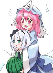 Rule 34 | 2girls, :d, ascot, black bow, blue hat, blush, bow, commentary request, food, fruit, green eyes, hair between eyes, hair bow, hands on another&#039;s shoulders, hat, heart, highres, hitodama, holding, holding food, holding fruit, konpaku youmu, long sleeves, mappe (778exceed), mob cap, multiple girls, open mouth, pink eyes, pink hair, saigyouji yuyuko, simple background, smile, sweat, touhou, triangular headpiece, watermelon, white background, white hair, wide sleeves
