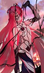Rule 34 | 1girl, body markings, breasts, closed mouth, cloud, commentary request, dragon claw, dragon girl, eyes visible through hair, fate/grand order, fate (series), grey eyes, hair over one eye, highres, long hair, looking at viewer, mekadqp, navel, outdoors, red hair, revealing clothes, slit pupils, small breasts, solo, sun, typhon ephemeros (fate), very long hair, yellow eyes
