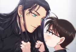 Rule 34 | 2boys, akai shuuichi, black-framed eyewear, black coat, black hair, blue eyes, blush, brown hair, child, coat, commentary request, earrings, edogawa conan, eye contact, fingernails, from side, glasses, grabbing another&#039;s hair, gradient background, green eyes, grey background, hand in own hair, hands up, high collar, jewelry, k (gear labo), long hair, looking at another, male focus, meitantei conan, multiple boys, open mouth, short hair, simple background, smile, upper body