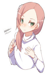 Rule 34 | 1girl, blush, closed mouth, cropped torso, dated, forehead, green eyes, hair ornament, hands up, light brown hair, long hair, long sleeves, looking at viewer, maze (gochama ze gohan), original, parted bangs, shirt, signature, simple background, sketch, smile, solo, upper body, white background, white shirt